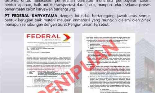 Waspada Penipuan Penerimaan Karyawan PT Federal Karyatama